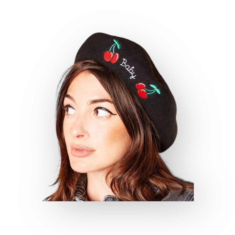 VHTF: Valfre ☻︎ Cherry Bomb Baby Embroidery Wool French Beret ☻︎ Black XS S M L
